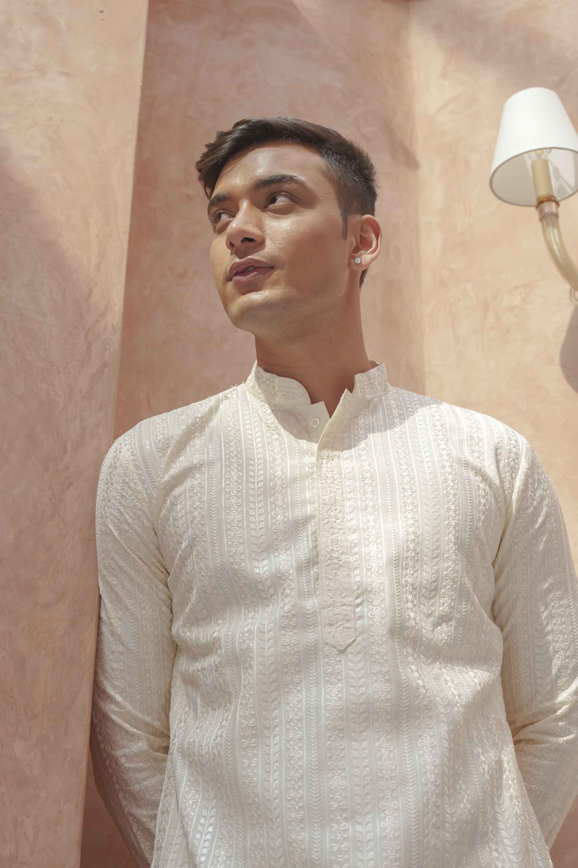 Cream floral Embroidered Kurta with sequence